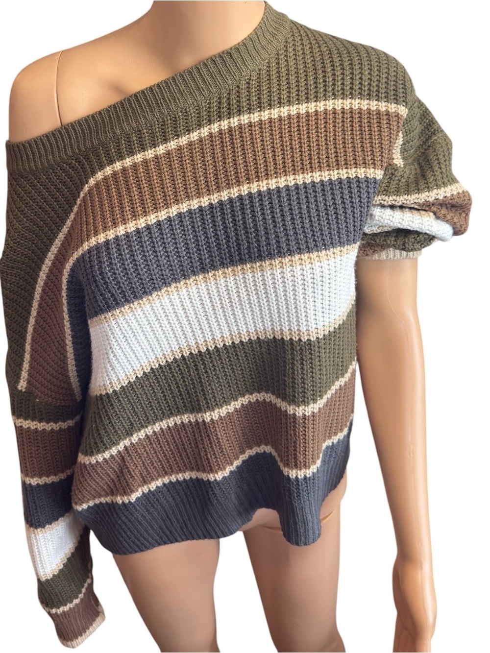 Striped Off-Shoulder Knit Sweater in Olive, Brown & White